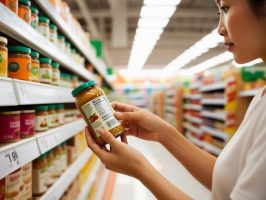 closeup of woman's hands checking the food label of an item in a supermarket